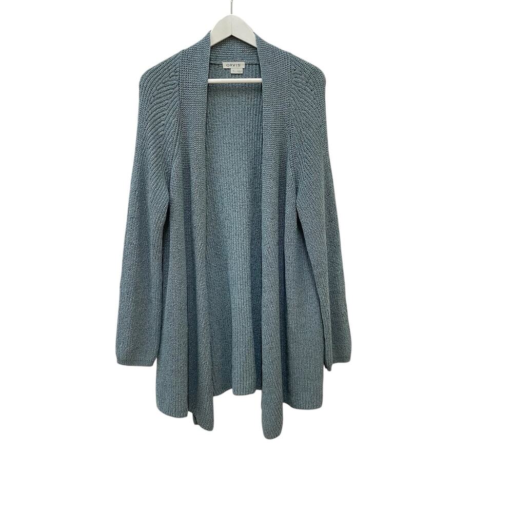 Orvis Women's Size L Light Blue Cotton-Hemp Blend Open Front Cardigan Sweater